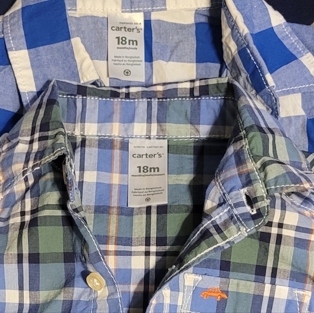 Carter's Boys Shirts 18 Months Button Up Set Of 2 Plaid Gingham Long Sleeve